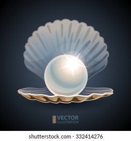 Shining pearl in opened seashell on dark blue background. RGB EPS 10 vector illustration