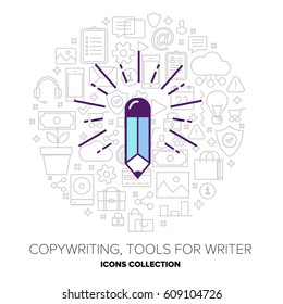 Shining pencil flat style illustration. Drawing idea or writing book or article. Circle of icons around.