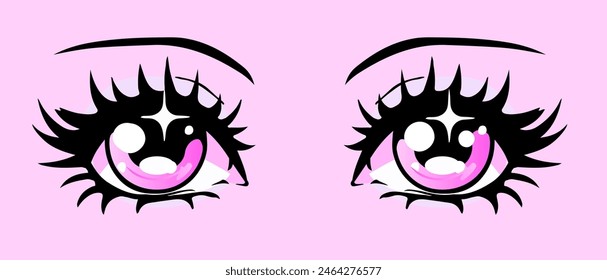 Ojos de anime rosa brillante con pestañas largas. Ilustración vectorial al estilo de dibujos animados manga japonés.