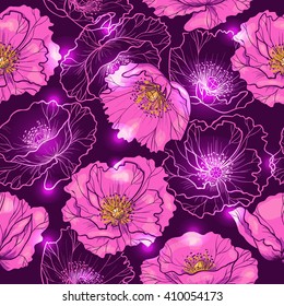 Shining pink flowers poppies. Vector seamless pattern