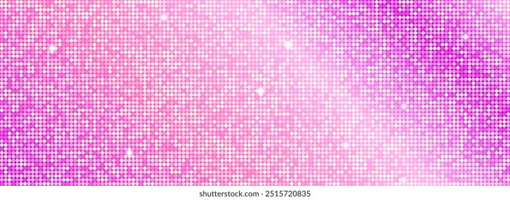 Brillante fondo de patrón de fiesta disco púrpura rosa. Textura de mosaico de lentejuelas iridiscentes. Abstractas Fondo de pantalla semitono brillante. Pop de fondo de brillo brillante cómico. Plantilla de diseño de Vector retro