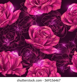 Shining pink roses .Vector seamless pattern 