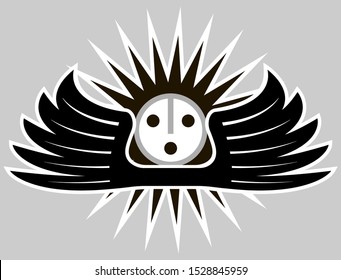 A shining planet with a human face and wings on its sides. The color is monochrome, black and white.