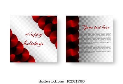 Shining postcard template with festive decoration in the form of red round elements and a metallic conical texture on a transparent backdrop