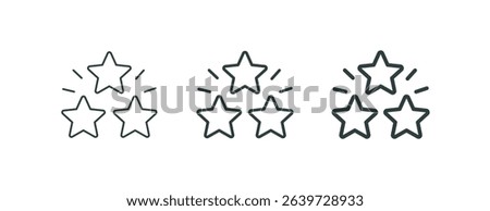Shining premium three stars, excellence award, outline icons. Line signs sparkling 3 five-pointed stars with rays. Vector isolated pictograms for web and app on white background editable stroke.