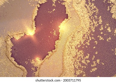 Shining purple, and mauve marble pattern with golden dust. Abstract vector background in alcohol ink technique. Modern paint with glitter. Template for banner, poster design. Fluid art painting