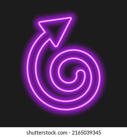Shining purple neon repeat arrow on dark background. Illuminating symbol of refresh, restart, exchange, rotation. Vector realistic illustration.