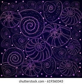 Shining purple sea shells on a black background