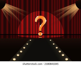 Shining question mark on the stage in the light of spotlights. FAQ on the background of red curtains. Vector illustration.