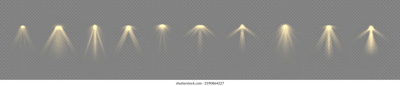 Shining Ray of Light from Projector Lamp on Stage, Bright Spotlight Effect, Yellow Glow with Flare, Transparent Background, Sunbeam Illumination, Gold Lighting Effect, Abstract Light Waves, Dramatic S