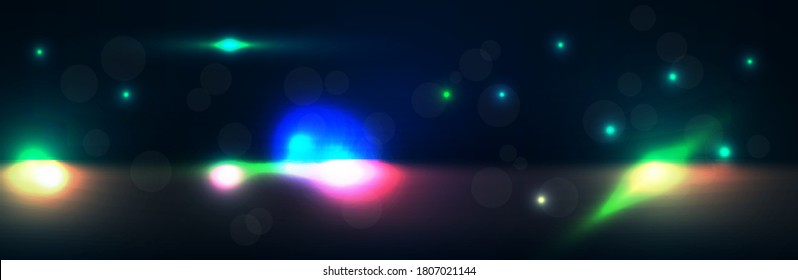 rayos brillantes de arcoiris sobre un fondo oscuro. luces abstractas de bokeh. Ilustración del vector