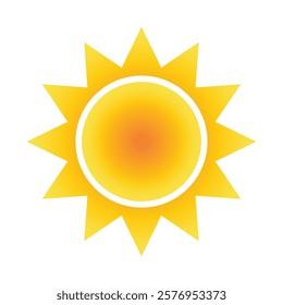 Shining realistic sun with rays icon for weather design. Hot temperature. Sunshine symbol. Yellow sun star icon  Summer, sunlight, nature, sky. Vector illustration isolated on white background.