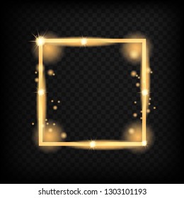 Shining rectangle banner. Isolated on black transparent background.Golden frame with lights effects,Shining luxury banner
