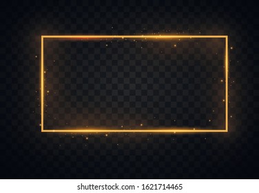 Shining rectangle banner isolated on a black background. Golden frame with lights effects. Pack of luxury realistic square, round, oval borders. Vector illustration, eps 10.