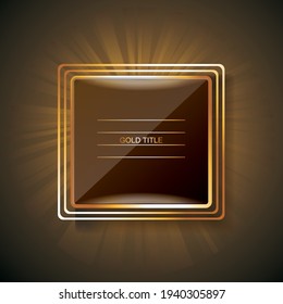Shining rectangle banner with thin golden frame and lights effects. Vector illustration.