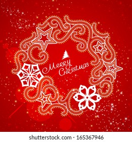 Shining Red Background with Christmas Curled Frame and Snowflakes