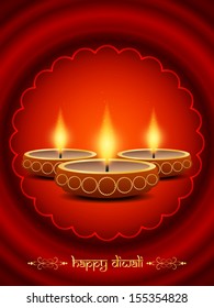 Shining red color religious background design for diwali festival with beautiful lamps in circular frame. vector illustration