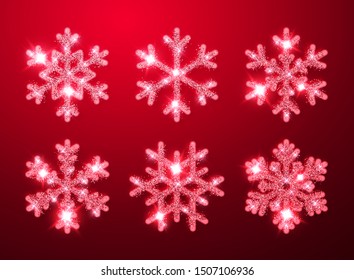 Shining red glitter glowing snowflakes on red background. Christmas and New Year decoration. Vector illustration.