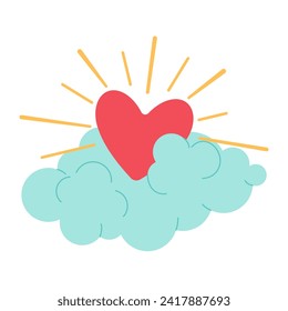 Schleuderendes rotes Herz auf einer Wolke. Abstraktes Cartoon-Design. Happy Valentine Trendy flache Vektorgrafik. Kreative Konzeptzusammensetzung. 