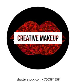 Shining red lips with bright glitter and inscription creative makeup. Beautiful lips kiss with red glittering stars isolated on a black circle background
