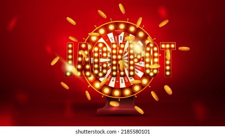 Shining red sign Jackpot with Casino Wheel Fortune falling gold coins on a bright red background.