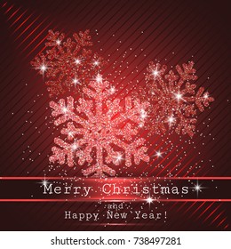 Shining Red Snowflakes, Christmas Background, Vector