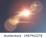 Shining reddish vector sun with lens flare effect. Colorful realistic glimpes and halo. Hot summer day illustration