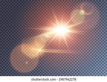 Shining reddish vector sun with lens flare effect. Colorful realistic glimpes and halo. Hot summer day illustration