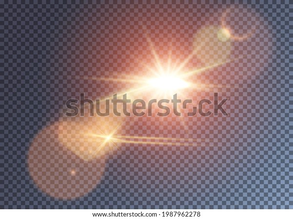 Shining\
reddish vector sun with lens flare effect. Colorful realistic\
glimpes and halo. Hot summer day\
illustration