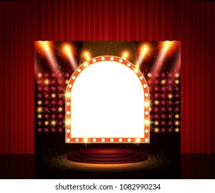 Shining retro arch banner on stage curtain. Vector illustration