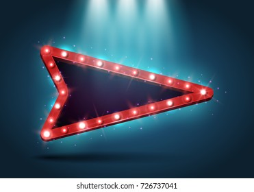 Shining retro arrow illuminated by spotlights. Vintage bright sign board for your design. Vector illustration.