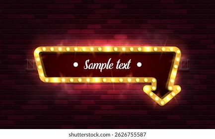 Shining retro arrow on brick wall background. Vintage bright sign board for your design. Vector illustration.