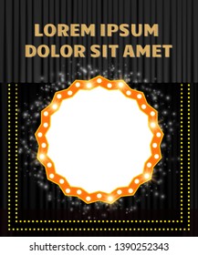 Shining retro banner on black stage curtain. Vector illustration