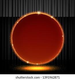 Shining retro banner on black stage curtain. Vector illustration