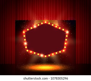 Shining retro banner on stage curtain. Vector illustration
