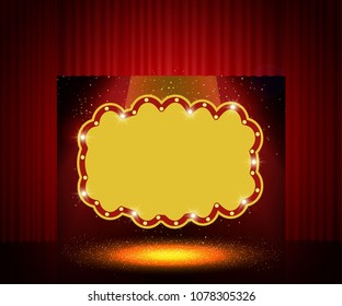 Shining retro banner on stage curtain. Vector illustration