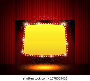 Shining retro banner on stage curtain. Vector illustration