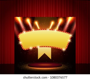 Shining retro banner on stage curtain. Vector illustration