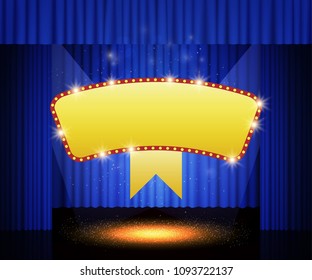 Shining retro banner on stage curtain. Vector illustration