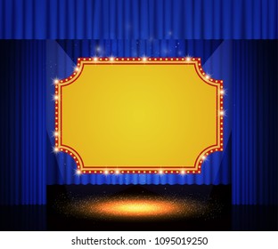 Shining retro banner on stage curtain. Vector illustration