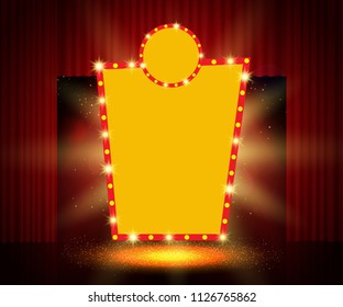 Shining retro banner on stage curtain. Vector illustration