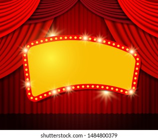 Shining retro banner on stage curtain. Vector illustration