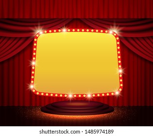 Shining retro banner on stage curtain. Vector illustration