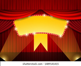 Shining retro banner on stage curtain. Vector illustration