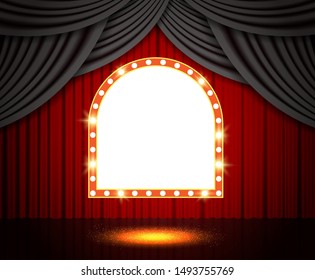 Shining retro banner on stage curtain. Vector illustration