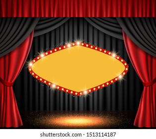 Shining retro banner on stage curtain. Vector illustration