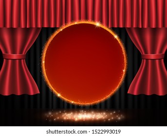 Shining retro banner on stage curtain. Vector illustration
