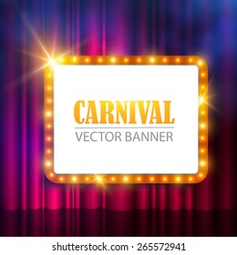 Shining retro banner on stage curtain. Vector illustration