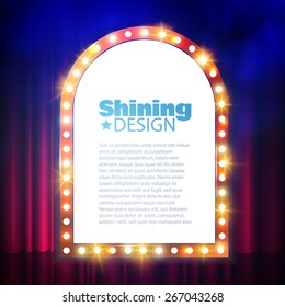 Shining retro banner on stage curtain. Vector illustration 