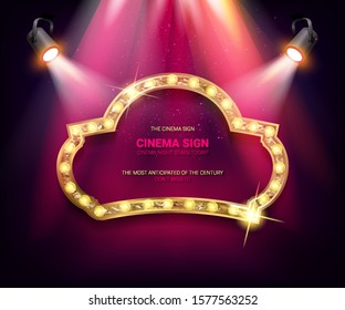 Shining retro billboard illuminated by spotlights. Vintage bright sign board against a vintage brick wall. For your design. Vector illustration.